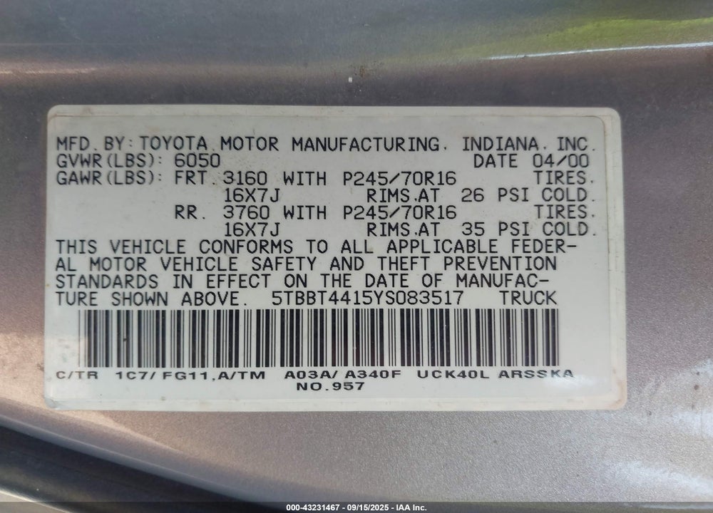 2000 TOYOTA TUNDRA SR5 V8 VIN: 5TBBT4415YS083517
