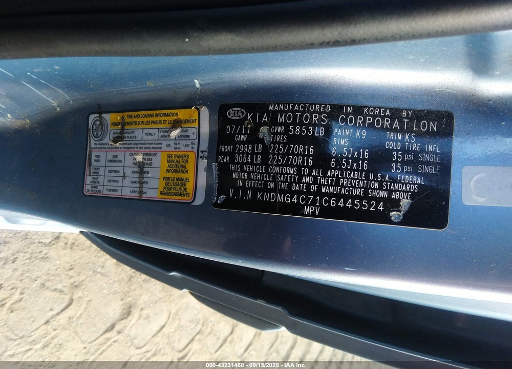 2012 KIA SEDONA VIN: KNDMG4C71C6445524