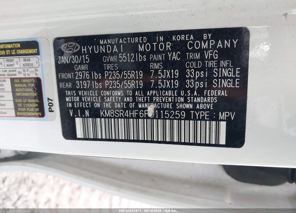 2015 HYUNDAI SANTA FE VIN: KM8SR4HF6FU115259
