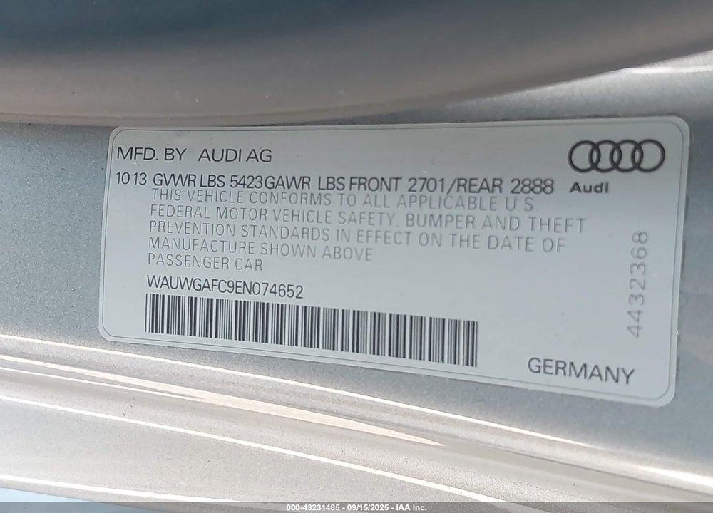 2014 AUDI A7 VIN: WAUWGAFC9EN074652