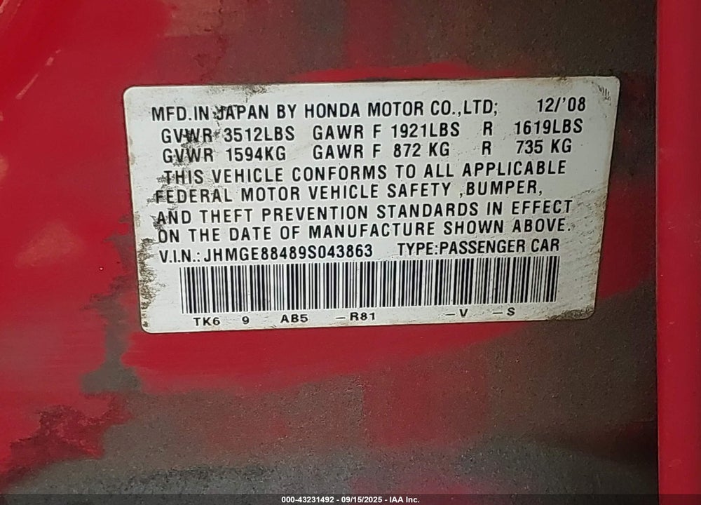 2009 HONDA FIT VIN: JHMGE88489S043863