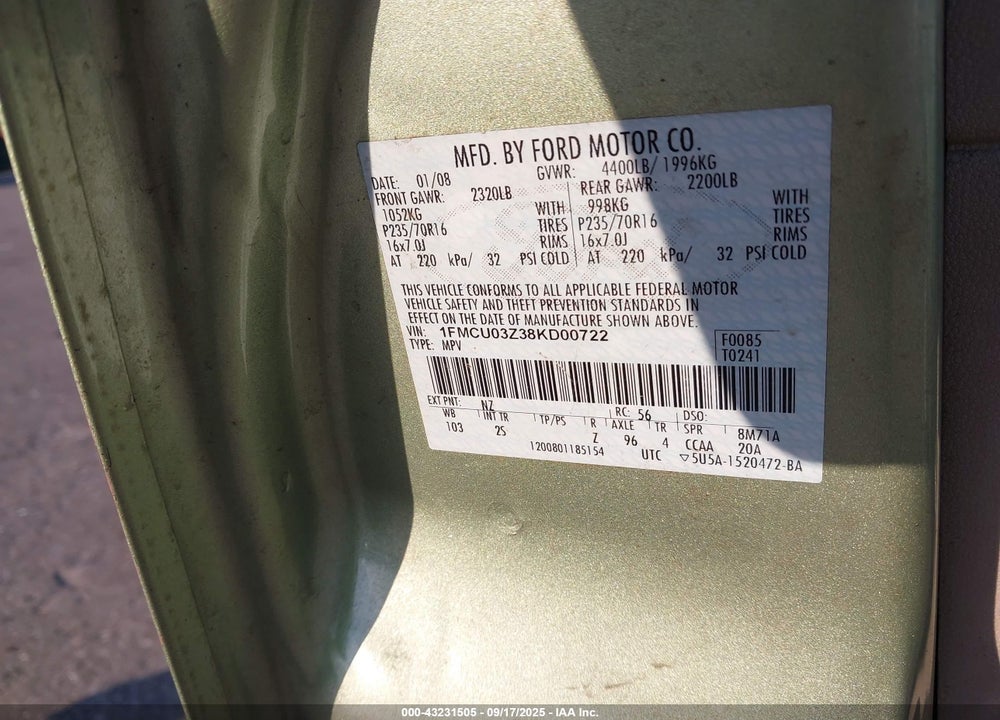 2008 FORD ESCAPE XLT VIN: 1FMCU03Z38KD00722