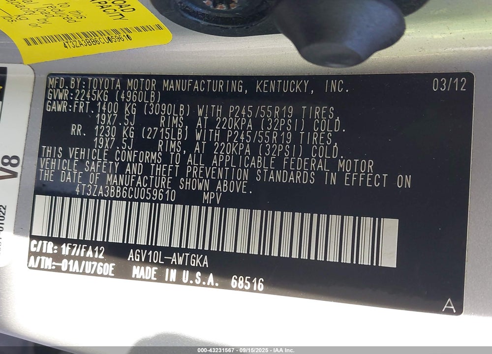 2012 TOYOTA VENZA VIN: 4T3ZA3BB6CU059610