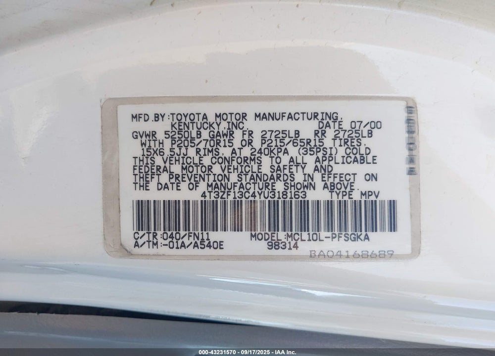 2000 TOYOTA SIENNA LE VIN: 4T3ZF13C4YU318163