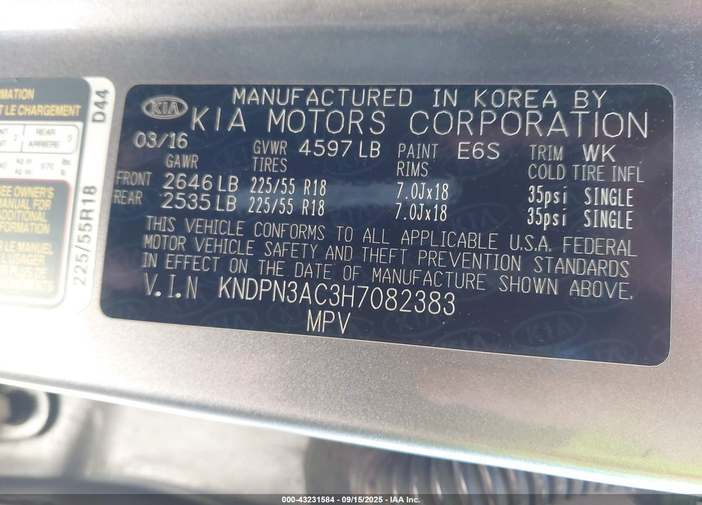 2017 KIA SPORTAGE VIN: KNDPN3AC3H7082383