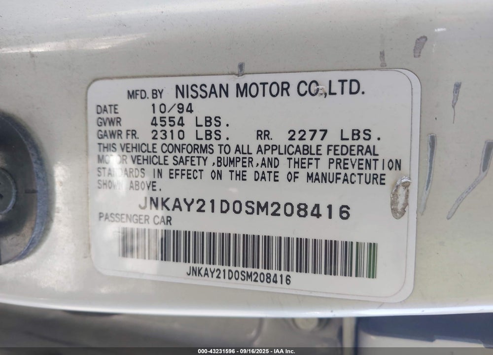 1995 INFINITI J30 VIN: JNKAY21D0SM208416