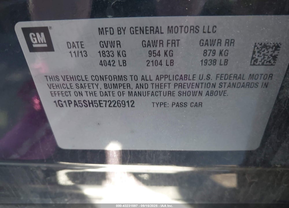 2014 CHEVROLET CRUZE LS AUTO VIN: 1G1PA5SH5E7226912