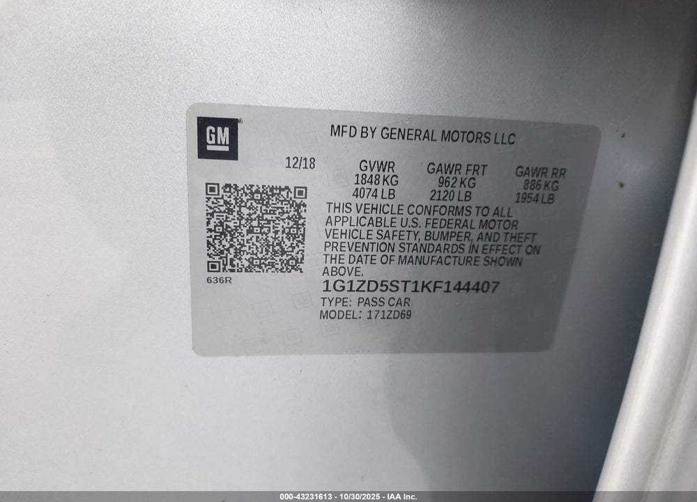2019 CHEVROLET MALIBU LT VIN: 1G1ZD5ST1KF144407