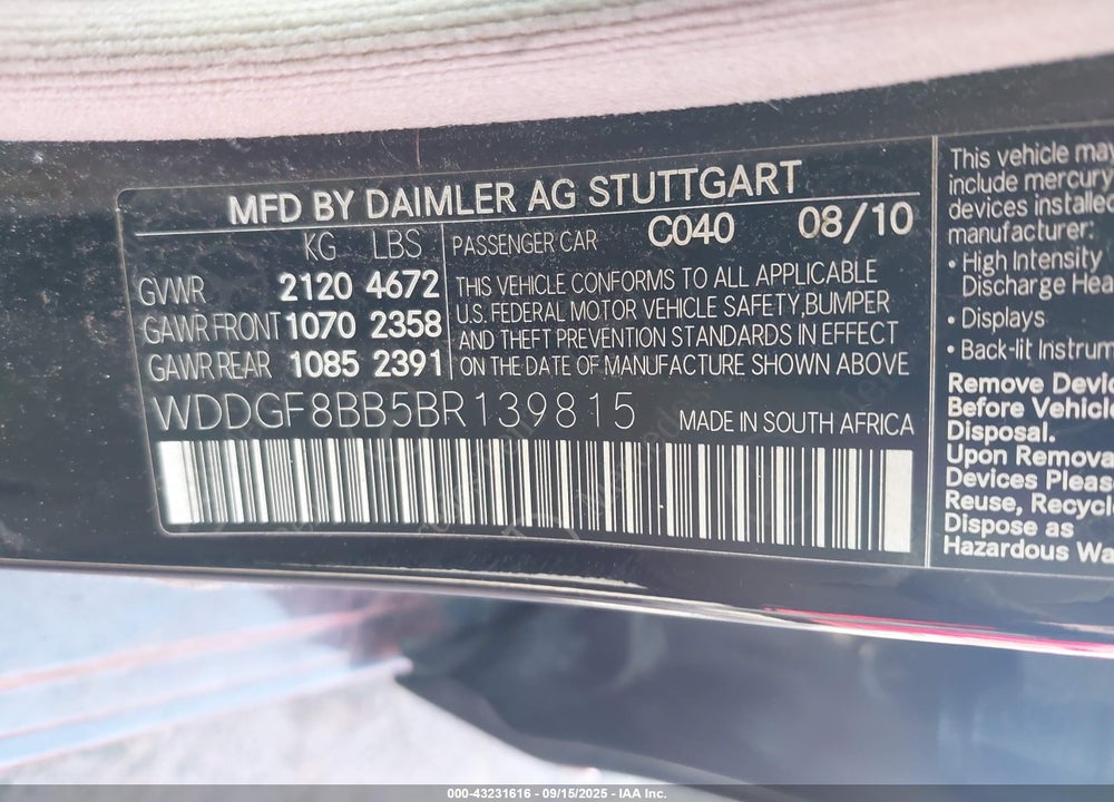 2011 MERCEDES-BENZ C CLASS VIN: WDDGF8BB5BR139815
