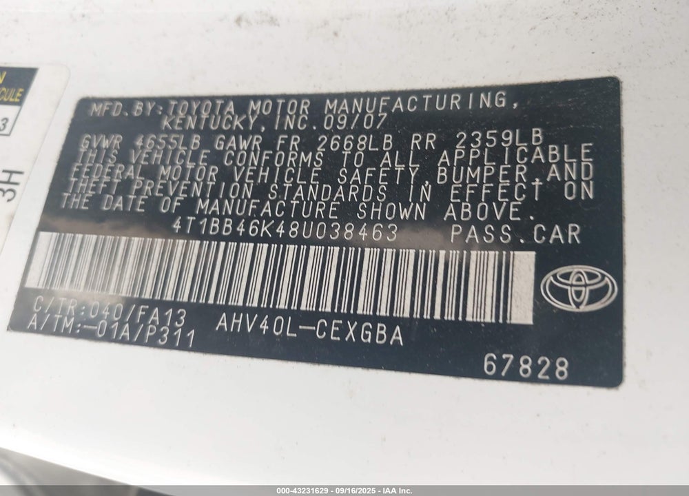2008 TOYOTA CAMRY HYBRID VIN: 4T1BB46K48U038463