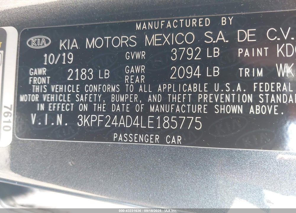 2020 KIA FORTE LXS VIN: 3KPF24AD4LE185775