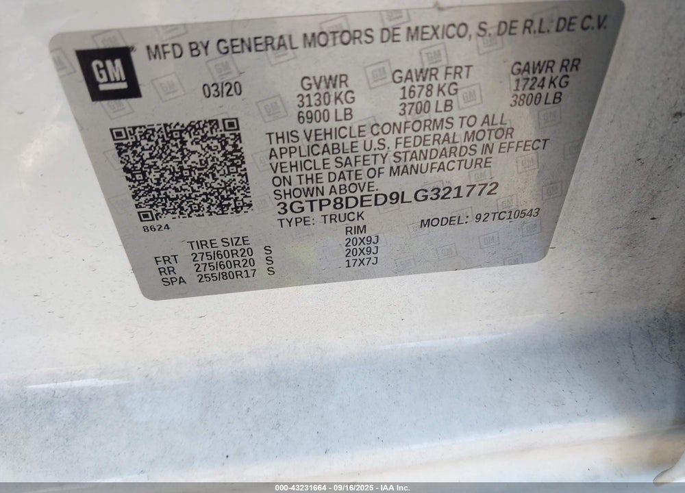2020 GMC SIERRA 1500 VIN: 3GTP8DED9LG321772