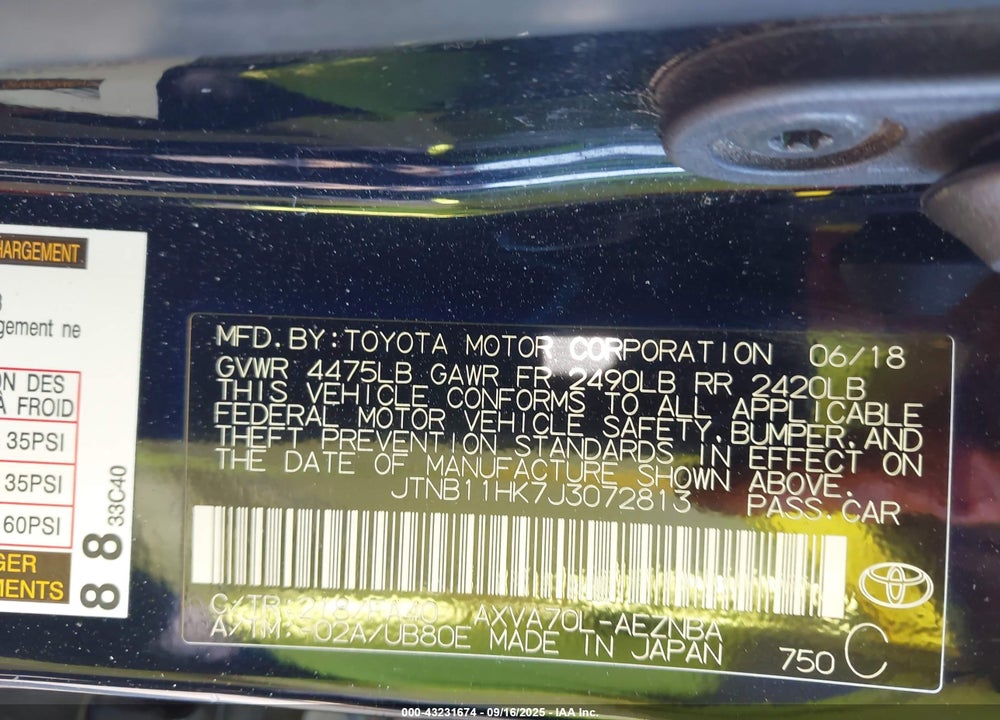 2018 TOYOTA CAMRY VIN: JTNB11HK7J3072813