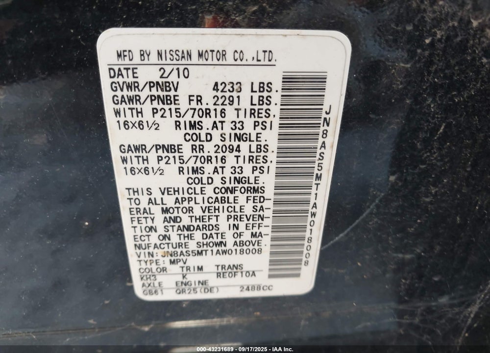 2010 NISSAN ROGUE VIN: JN8AS5MT1AW018008