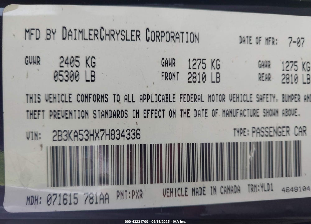 2007 DODGE CHARGER RT VIN: 2B3KA53HX7H834336