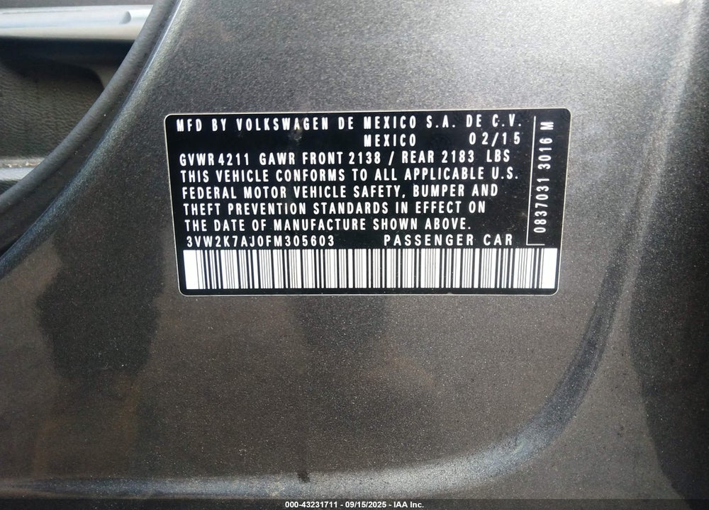 2015 VOLKSWAGEN JETTA VIN: 3VW2K7AJ0FM305603