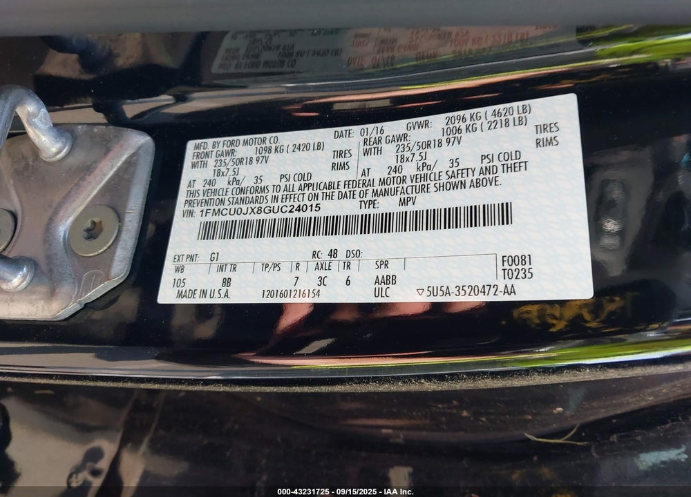 2016 FORD ESCAPE VIN: 1FMCU0JX8GUC24015