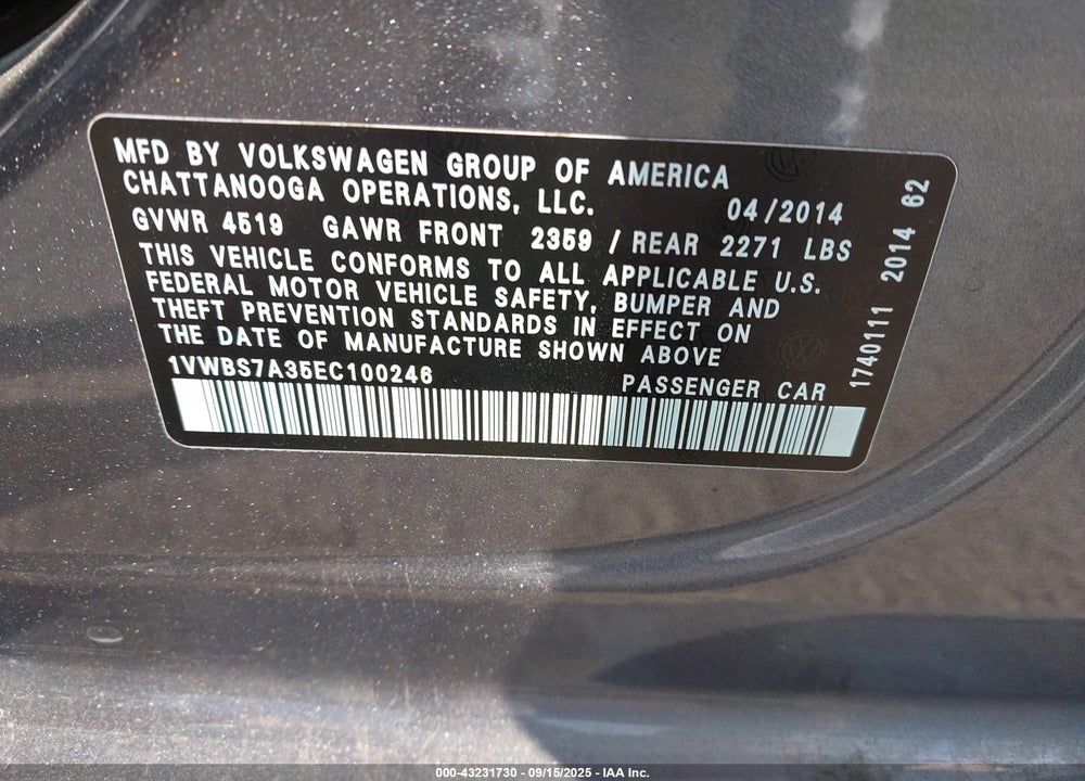 2014 VOLKSWAGEN PASSAT VIN: 1VWBS7A35EC100246