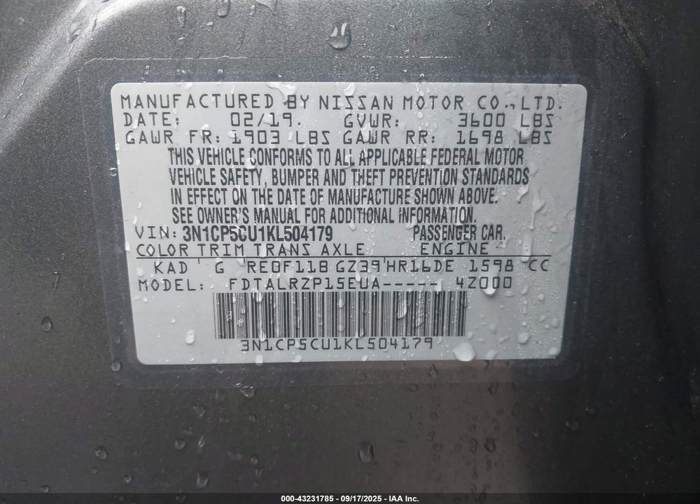 2019 NISSAN KICKS VIN: 3N1CP5CU1KL504179