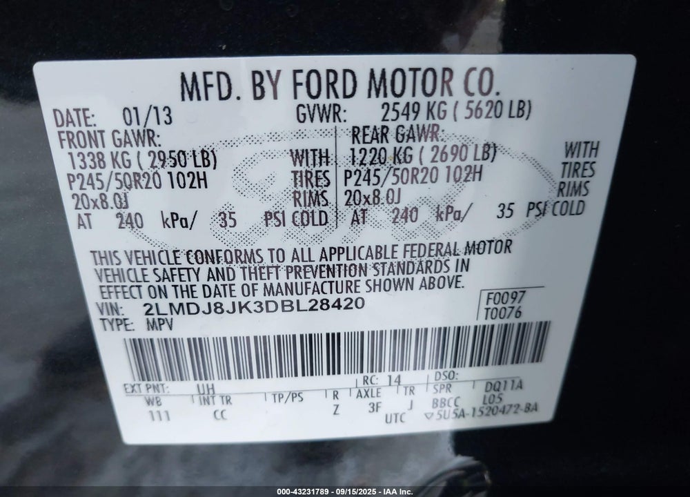2013 LINCOLN MKX VIN: 2LMDJ8JK3DBL28420