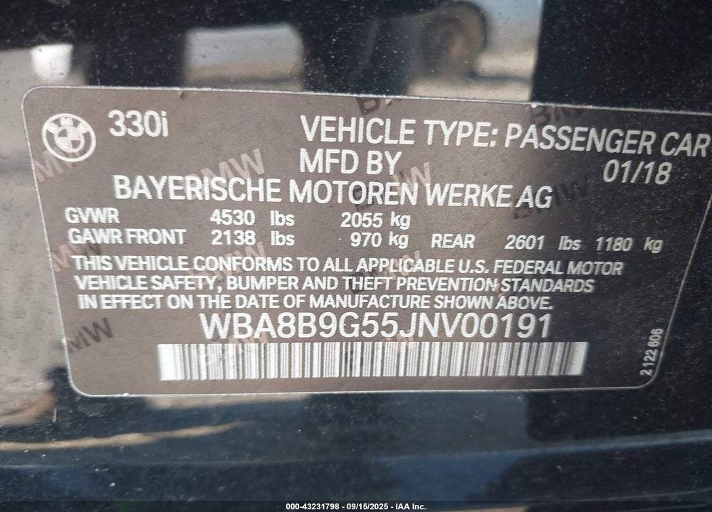 2018 BMW 3 SERIES VIN: WBA8B9G55JNV00191