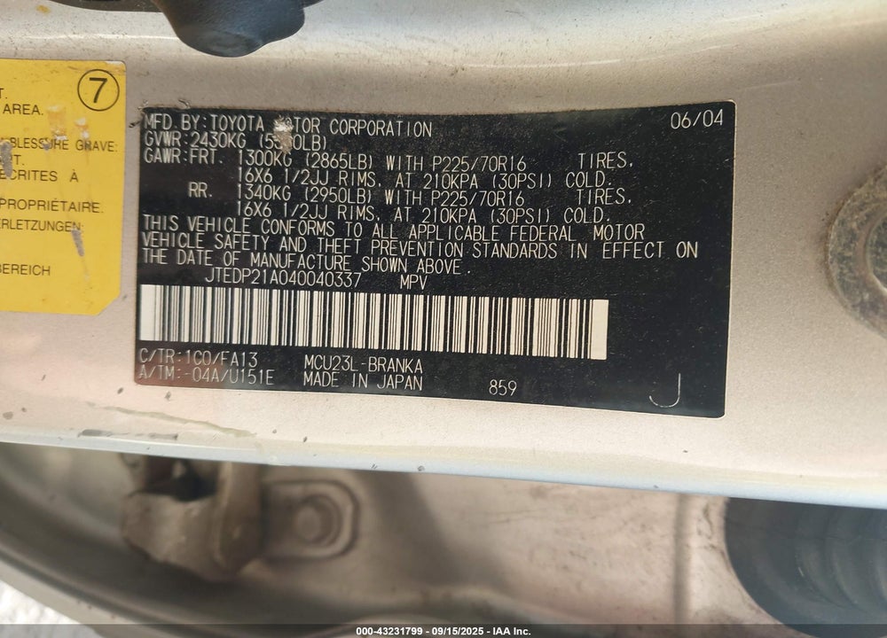 2004 TOYOTA HIGHLANDER LIMITED V6/V6 VIN: JTEDP21A040040337