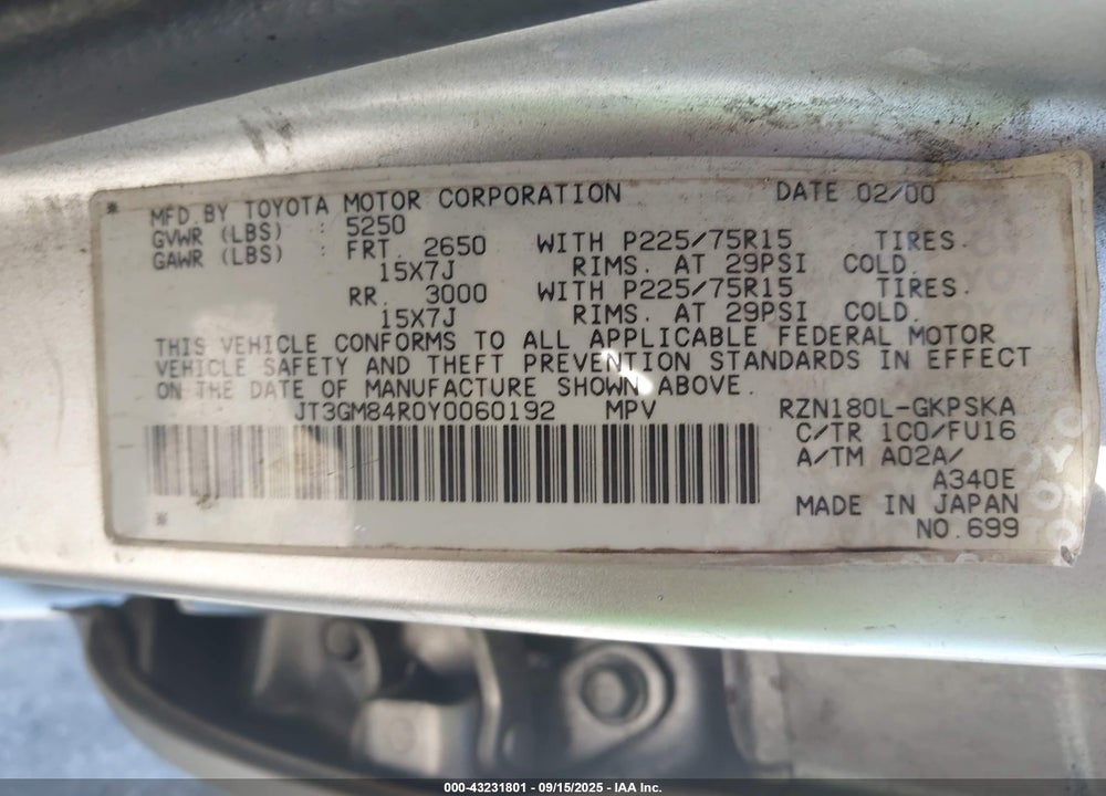 2000 TOYOTA 4RUNNER VIN: JT3GM84R0Y0060192