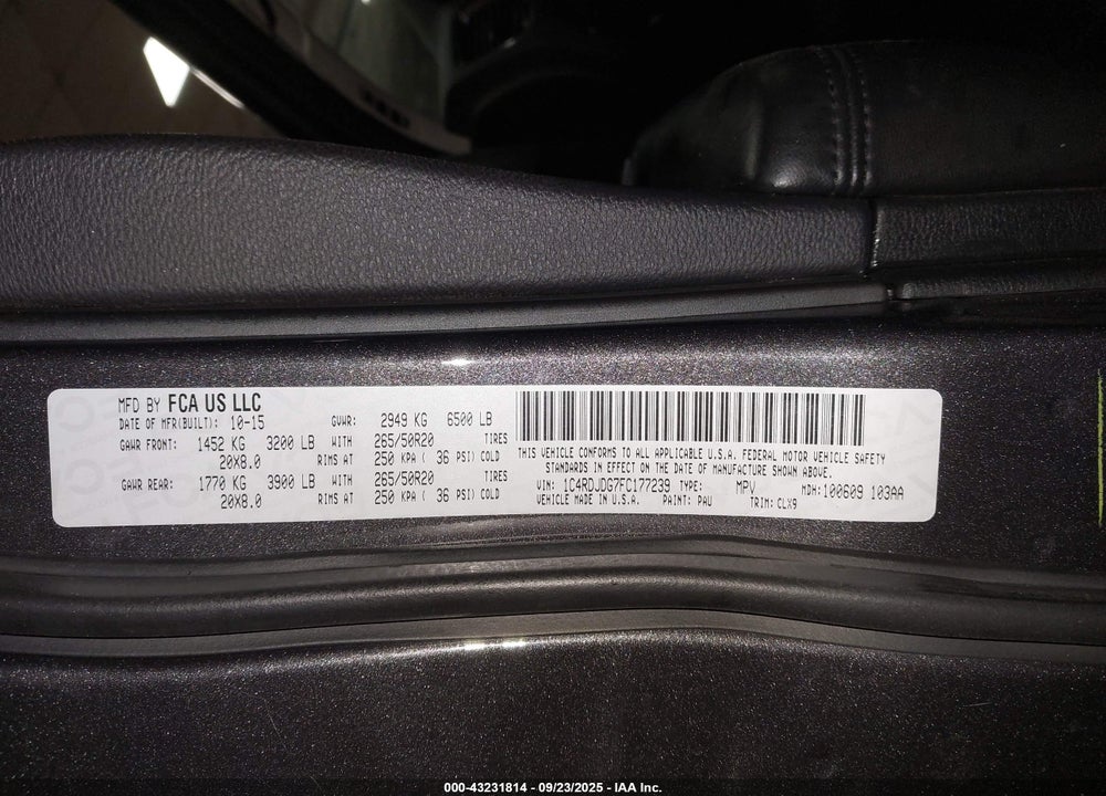 2015 DODGE DURANGO VIN: 1C4RDJDG7FC177239