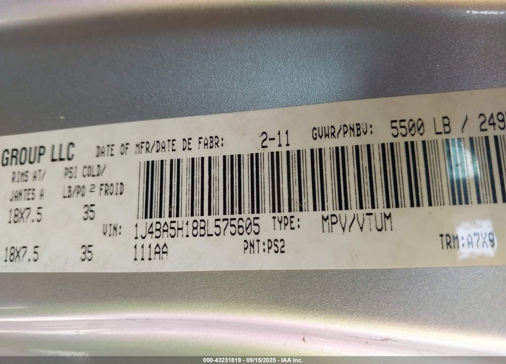 2011 JEEP WRANGLER UNLIMITED VIN: 1J4BA5H18BL575605