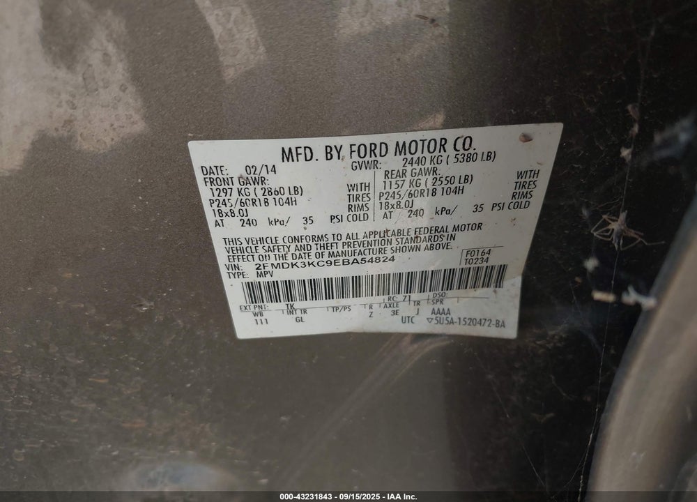 2014 FORD EDGE VIN: 2FMDK3KC9EBA54824
