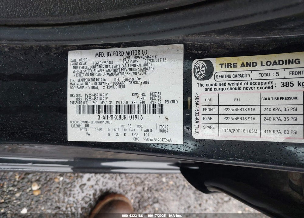 2011 FORD FUSION VIN: 3FAHP0KC8BR101916