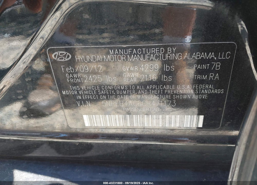 2012 HYUNDAI SONATA VIN: 5NPEB4AC6CH471173