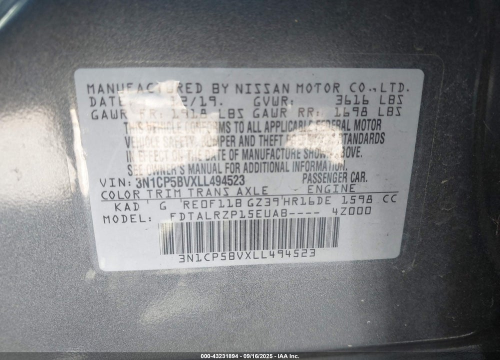2020 NISSAN KICKS S XTRONIC CVT VIN: 3N1CP5BVXLL494523