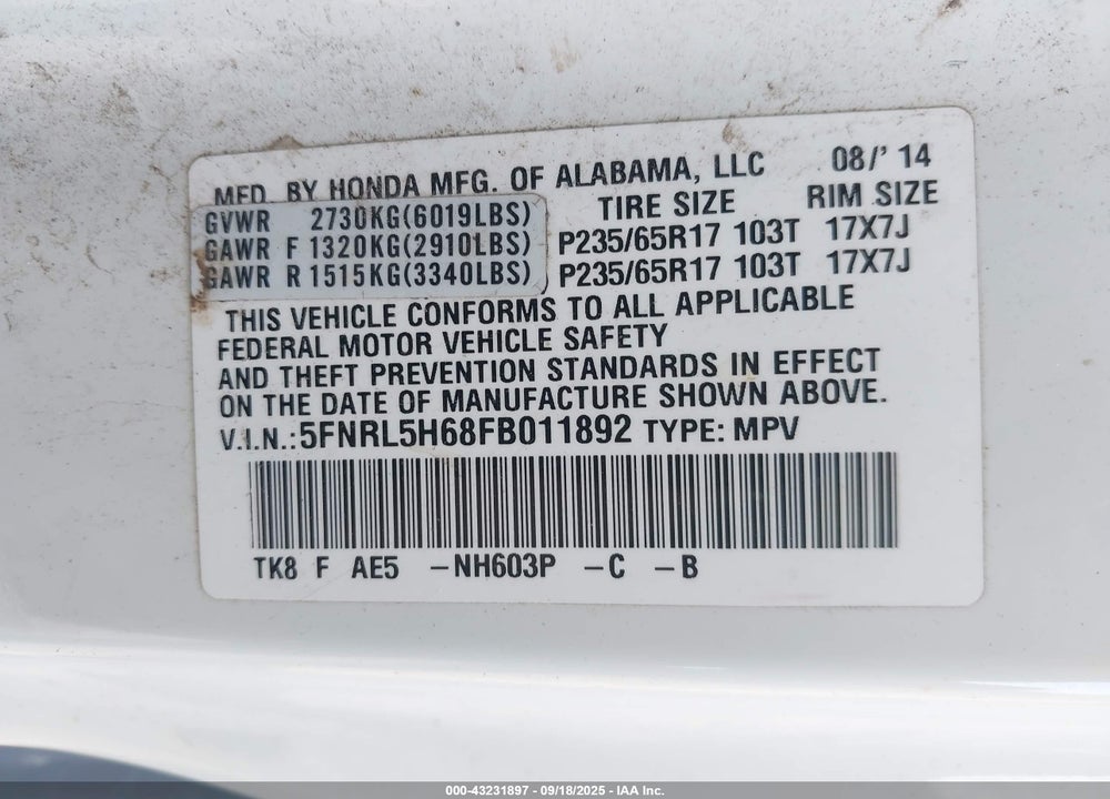 2015 HONDA ODYSSEY EX-L VIN: 5FNRL5H68FB011892