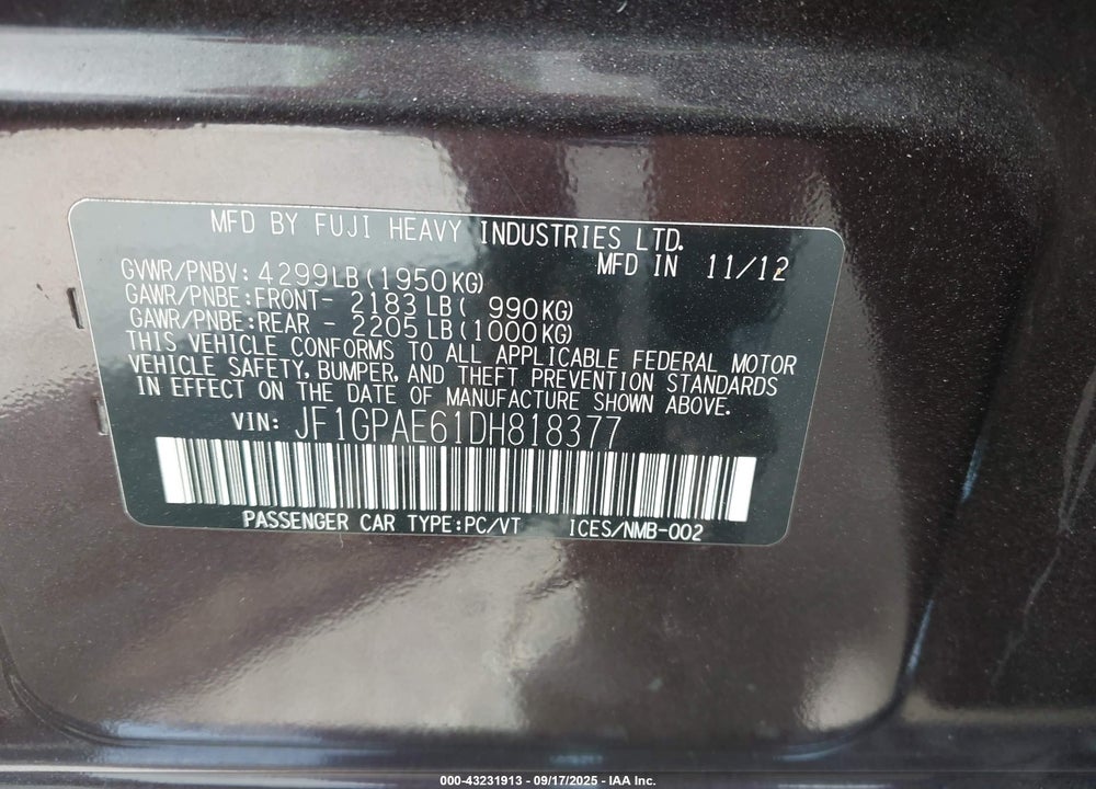 2013 SUBARU IMPREZA VIN: JF1GPAE61DH818377