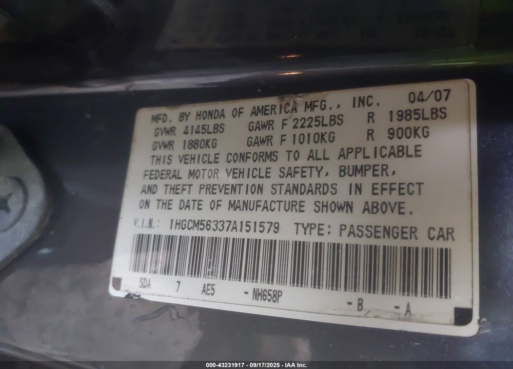 2007 HONDA ACCORD 2.4 SE VIN: 1HGCM56337A151579