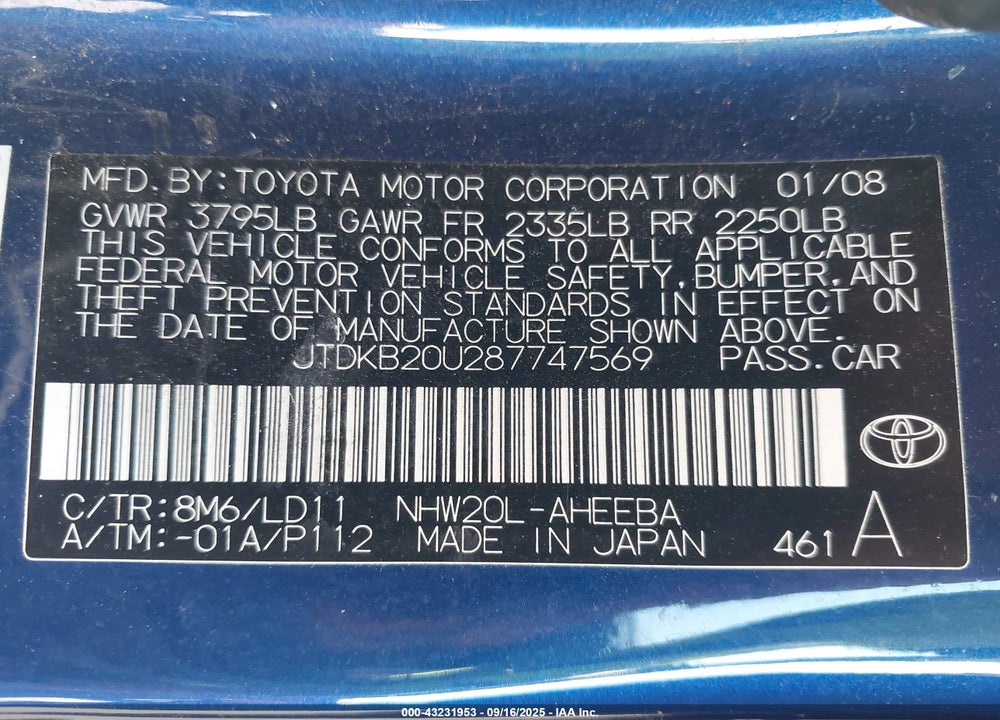 2008 TOYOTA PRIUS VIN: JTDKB20U287747569