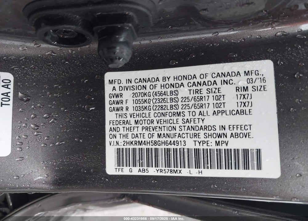 2016 HONDA CR-V VIN: 2HKRM4H58GH644913