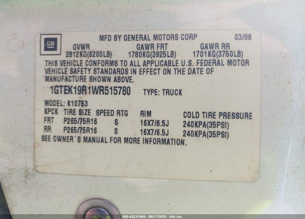 1998 GMC SIERRA 1500 VIN: 1GTEK19R1WR515780