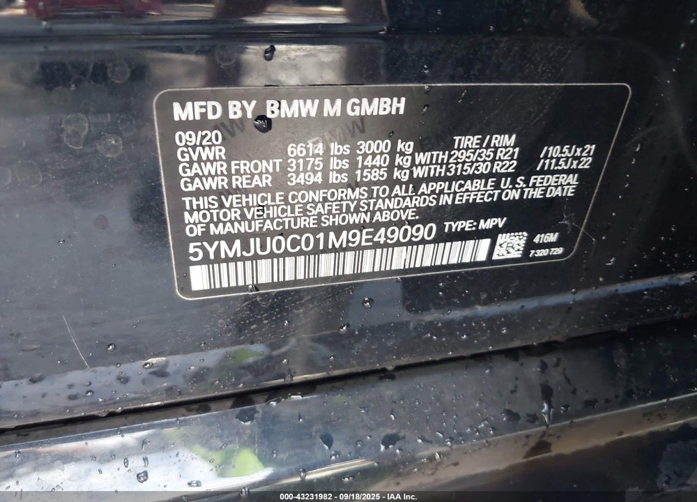2021 BMW X5 VIN: 5YMJU0C01M9E49090