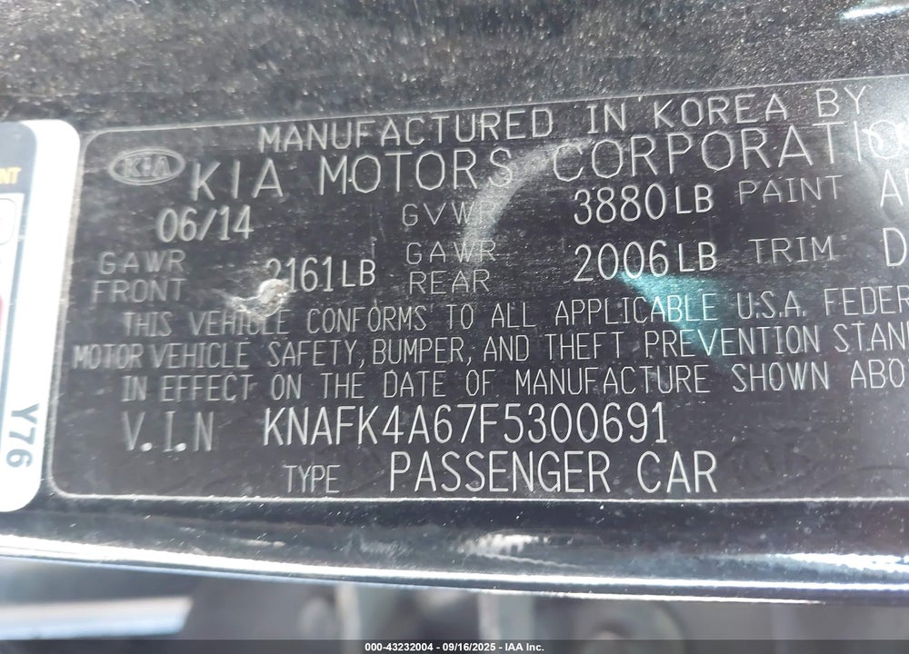2015 KIA FORTE VIN: KNAFK4A67F5300691