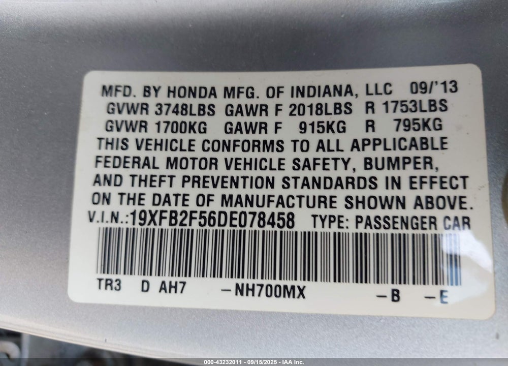 2013 HONDA CIVIC LX VIN: 19XFB2F56DE078458