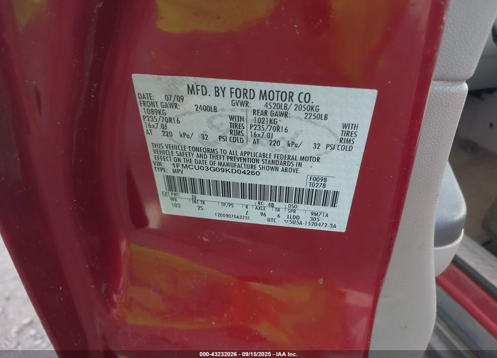 2009 FORD ESCAPE XLT VIN: 1FMCU03G09KD04260