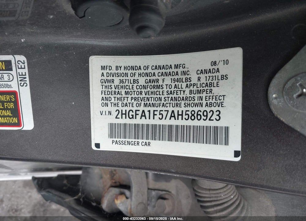 2010 HONDA CIVIC VIN: 2HGFA1F57AH586923
