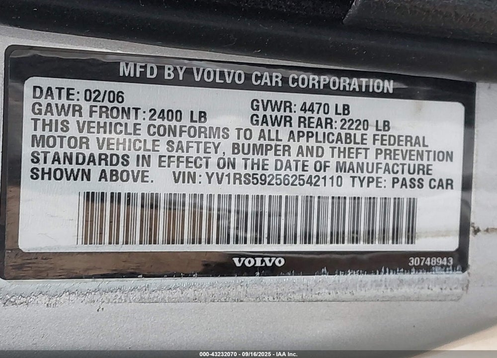 2006 VOLVO S60 2.5T VIN: YV1RS592562542110