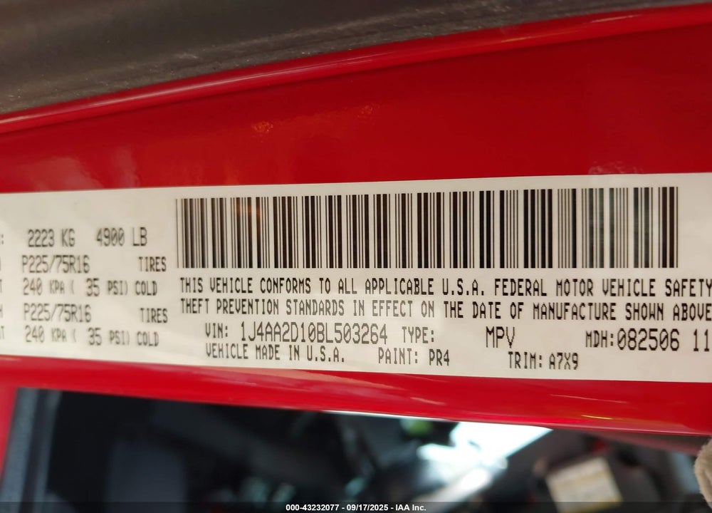2011 JEEP WRANGLER SPORT VIN: 1J4AA2D10BL503264
