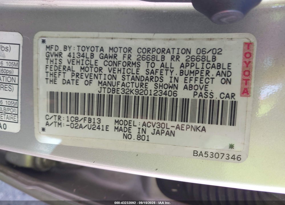 2002 TOYOTA CAMRY LE VIN: JTDBE32K920123406