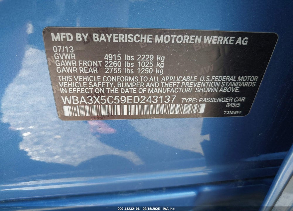 2014 BMW 3 SERIES VIN: WBA3X5C59ED243137