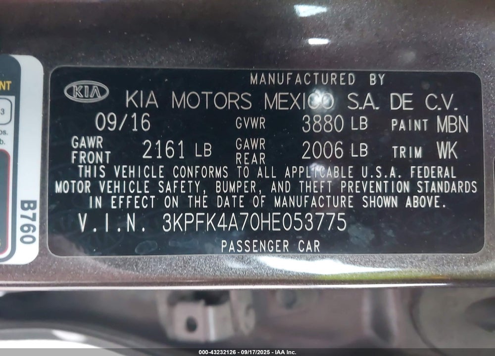 2017 KIA FORTE VIN: 3KPFK4A70HE053775