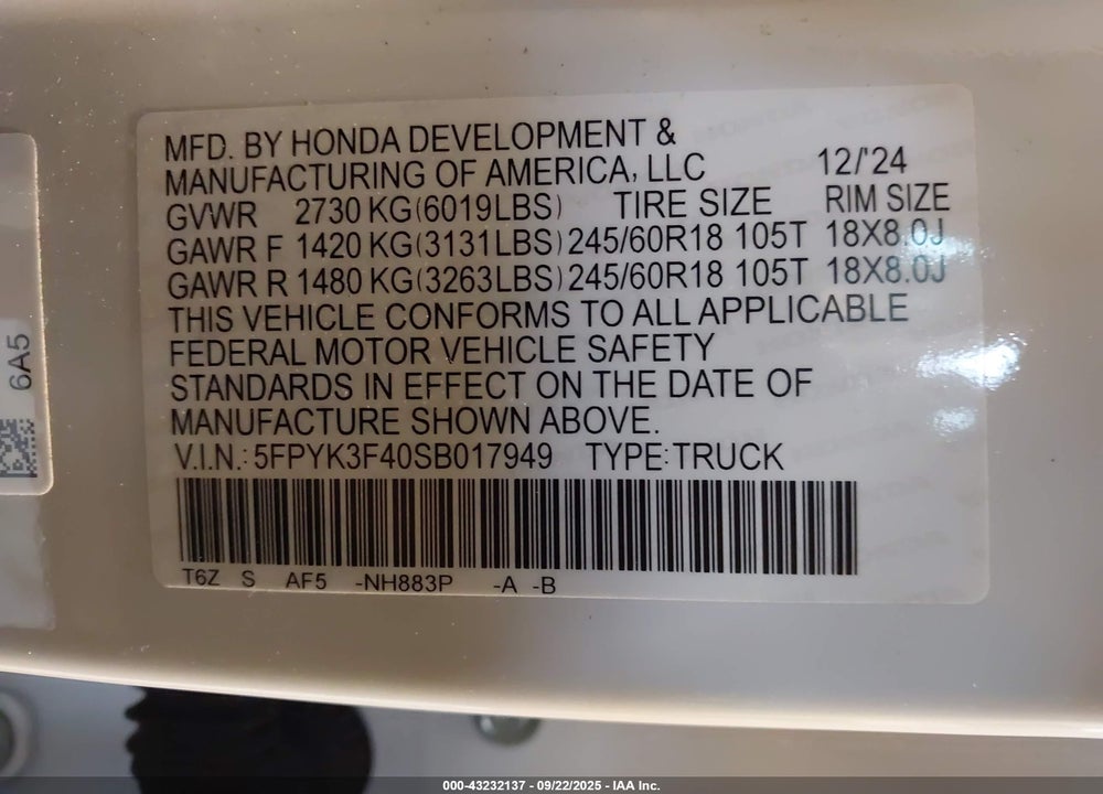 2025 HONDA RIDGELINE VIN: 5FPYK3F40SB017949